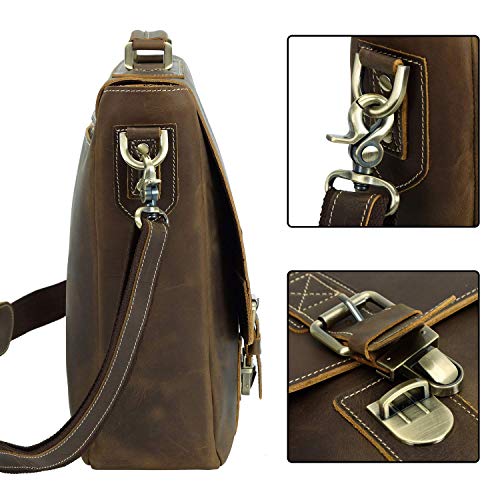 Texbo Men's 16 Inch Full Grain Cowhide Leather Laptop Briefcase Messenger Bag Tote with YKK Metal Zipper