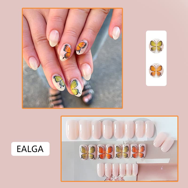 Miniatura 2 de Uñas postizas con diseño de mariposa naranja y amarilla, uñas postizas a presión de almendra rosa claro nude, uñas cortas para mujeres, 12 tamaños,