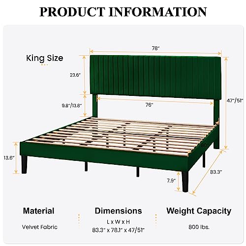 Image of SHA CERLIN King Upholstered Platform Bed Frame with Vertical Channel Tufted Velvet Fabric Adjustable Headboard, Wooden Slats Support, Mattress Foundation, Box Spring Optional, Green