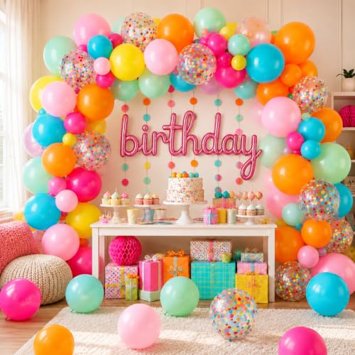 Image of HILAVO Rainbow Balloons 12 Inch 55 Pcs Multicolor Colorful Balloon Hot Pink Orange Teal Blue Yellow Green Confetti Latex Ballons for Summer Hawaiian Birthday Wedding Baby Shower Engagement Party Decor