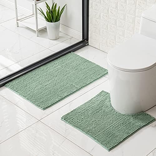 WAITER TREE Chenille Bath Rug, Extra Soft Non-Slip Bathroom Mat, Super Absorbent Bath Mats for Bathroom Toilet Shower (Sets 2 Piece, Aqua)