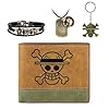 4 PCS OP Bifold Wallet Anime Set (Straw Hat Mens Wallet + LuFei Skull Pendant Necklace + OP Keychain + OP Bracelet) Good Gift for Anime Fans