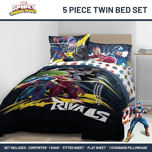 Image of Marvel Rivals Twin Comforter Set 5 Piece Superhero Bedding for Boys, Multi | Avengers, Comforter Sheets Sham Pillowcase, Official Product, Soft Microfiber, Machine Washable, Easy Care, Boys Gift