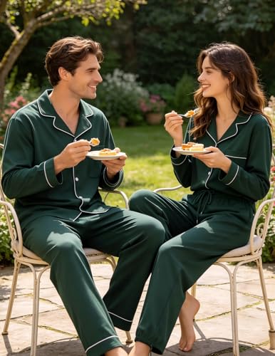 Image of Veseacky Mens 100% Cotton Pajamas Set Long Sleeve Button Down Sleepwear Soft Loungewear Pjs with Pockets