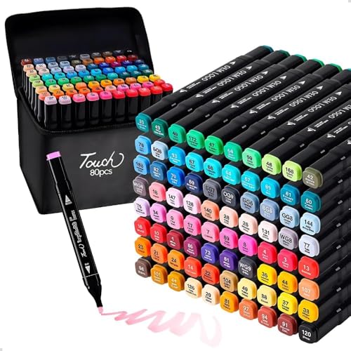 Conjunto de canetas com marcadores permanentes, 80 cores com ponta dupla e estojo portátil. Canetas para colorir de secagem rápida. Ideal para desenho, escola e uso profissional.