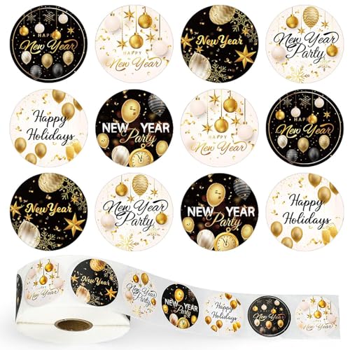 Happy New Year Stickers 500pcs Happy Holiday Firework Round New Year Tag Seal Sticker Labels for Greeting Cards Holiday Party Favors Decorations