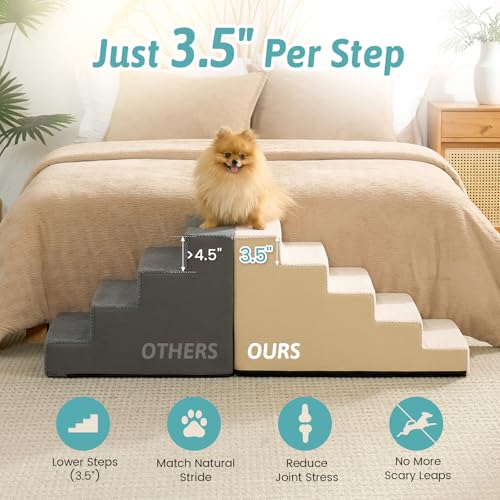 Image of COZY KISS Dog Stairs for Small Dogs 17.7 inch H, 5-Step Gentle Incline Pet Step for Couch and Beds, Right-Angle Dog Ramp for Puppy Doggie Senior Cats, 17.7x29.5x17.7 Inch, Beige
