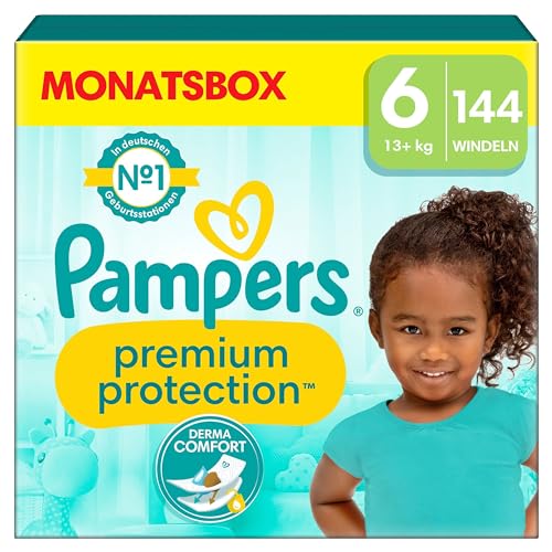 Pampers Baby Windeln Größe 6 (13kg ) Premium Protection, Extra Large, MONATSBOX, bester Komfort und Schutz für empfindliche Haut, 144 Stück