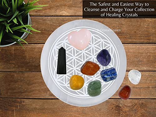 Image of Certified Selenite Crystal Charging Plate, 4 Inch Engraved Flower of Life Selenite Plate for Crystal Cleansing Re-Energy Work, Meditation and Pooja - Flower of Life