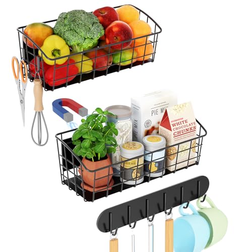 Image of 2Pack Magnetic Shelf for Refrigerator with 2 Moveable Hooks and 1 Hook Rack | Strong Magnetic Spice Rack for Kitchen Storage, Fruit Potato Onion Storage Shelves, Large Magnetic Basket Organizer