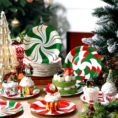 Image of Fourluoo 96 Pcs Christmas Paper Plates Green and Red Candy Christmas Disposable Dinner Plates for Xmas Birthday Party Table Decor