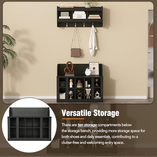 Image of Shoe Storage Bench with Shelves and 4 Hooks, Entryway Hall Tree with Shoe Cabinets with Coat Rack