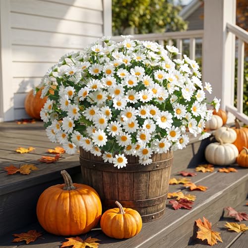 Image of HyeFlora Artificial Mums for Outdoors Fall Decor, 6 Bundles Fake Flowers UV Resistant Realistic Faux Flowers Bouquet Silk Flowers for Outside Planter Porch Patio Garden Yard Balcony Home, White