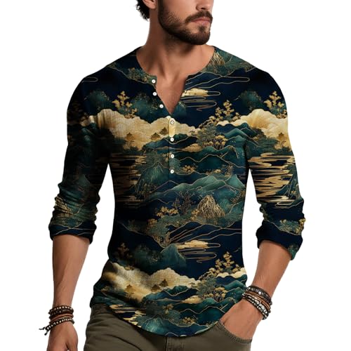 Henley Shirts for Men Vintage Printed Tops Casual Long Sleeve Slim Fit Button Pullover Tee Shirts