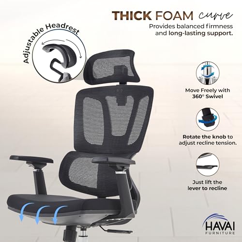 Image of HAVAI Neo High Back Ergonomic Mesh Office Chair | Multi-Lock Mechanism | Chrome Base | 3D Armrests with PU Pads | Adjustable Headrest | Breathable Mesh Back (Black)