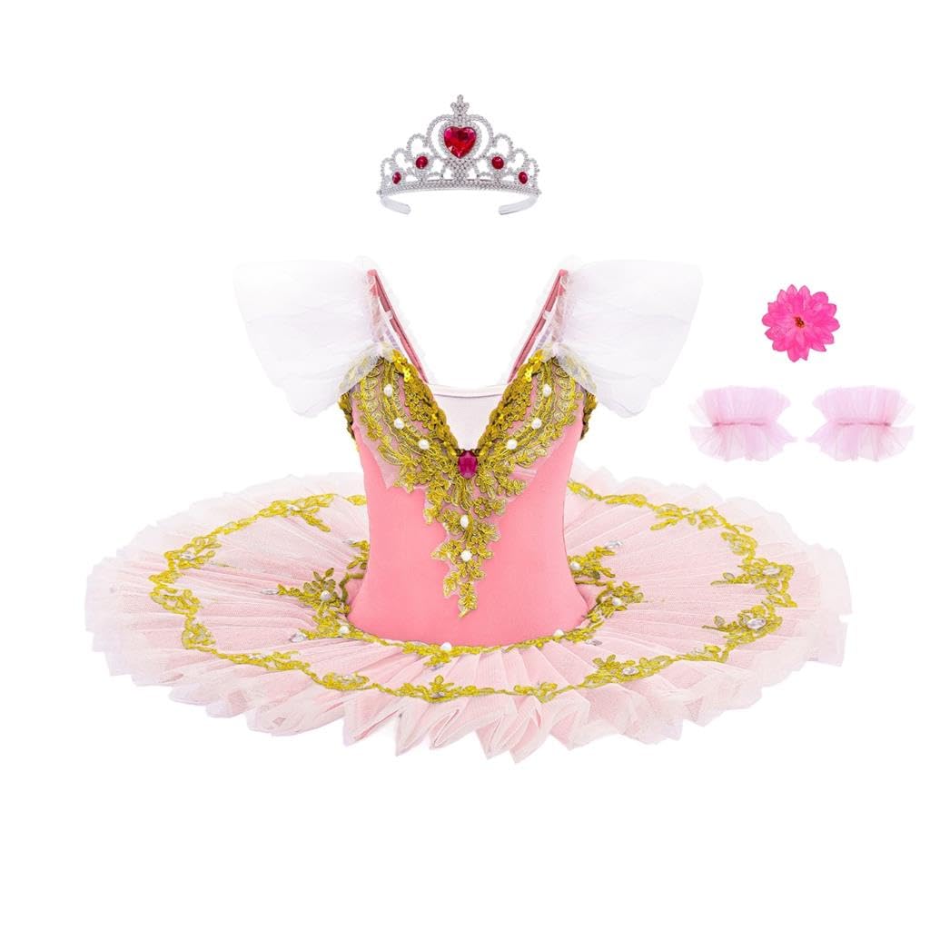 Lito Angels Girls Ballet Tutu Dress with Gold Applique & Rhinestones, Princess Ballerina Costume for Toddler & Little Girls for Dance Recital, School Show, Party & Book Day, Age 11-12 Years Pink