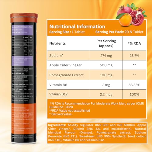 Image of Apple Cider Vinegar Effervescent Tablets | Daily Weight Management | Orange Flavour | Vitamin B6 & B12 For Refreshing Detox & Metabolism Boost | No added Sugar | 20 count (Pack of 1)