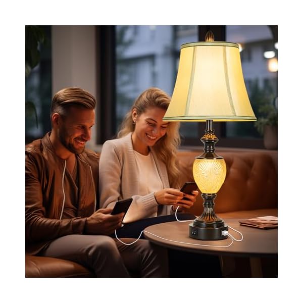 27'' High Vintage Table Lamp Set of 2 for Living Room Farmhouse Bedside Lamp with Fabric Shades Boho Nightstand Lamp with USB and Nightlight for Bedroom Home Office Hotel Bar (Bulb Included) - Image 5