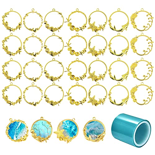 NA Allazone Open Bezel Charms, 28 PCS Sea Theme Open Bezels for Resin 7 Style Alloy Frame Pendants Gold Hollow Resin Frames for Resin Casting, Necklaces Earrings Making Supplies