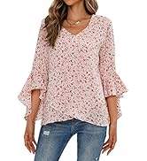 Hozoely Women's Casual Blouses Floral Print V-Neck Bell Mid-Long Sleeve Tops