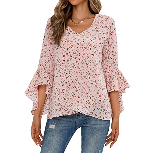 Hozoely Womens Summer Chiffon Blouses Floral Print V-Neck Bell Sleeve Tops Dressy Casual T-Shirts Fashion