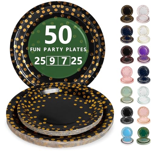 Nkaiso Assiette Jetable Anniversaire, 50 Pièces Noir Or Vaisselle en carton - 25 Assiettes Plateaux 23cm & 25 Assiettes Dessert 18cm - Pour Mariage,...