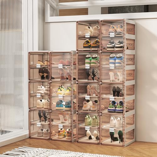 BINSIO Shoe Organizer, Shoe Storage Rack for Closet, Shoe Cabinet for Entryway, Plastic, Foldable Shoe Box, Fast Assembly Shoe Shelf, One Piece Sturdy Sneaker Holder, Clear Brown Doors - 8 Tiers