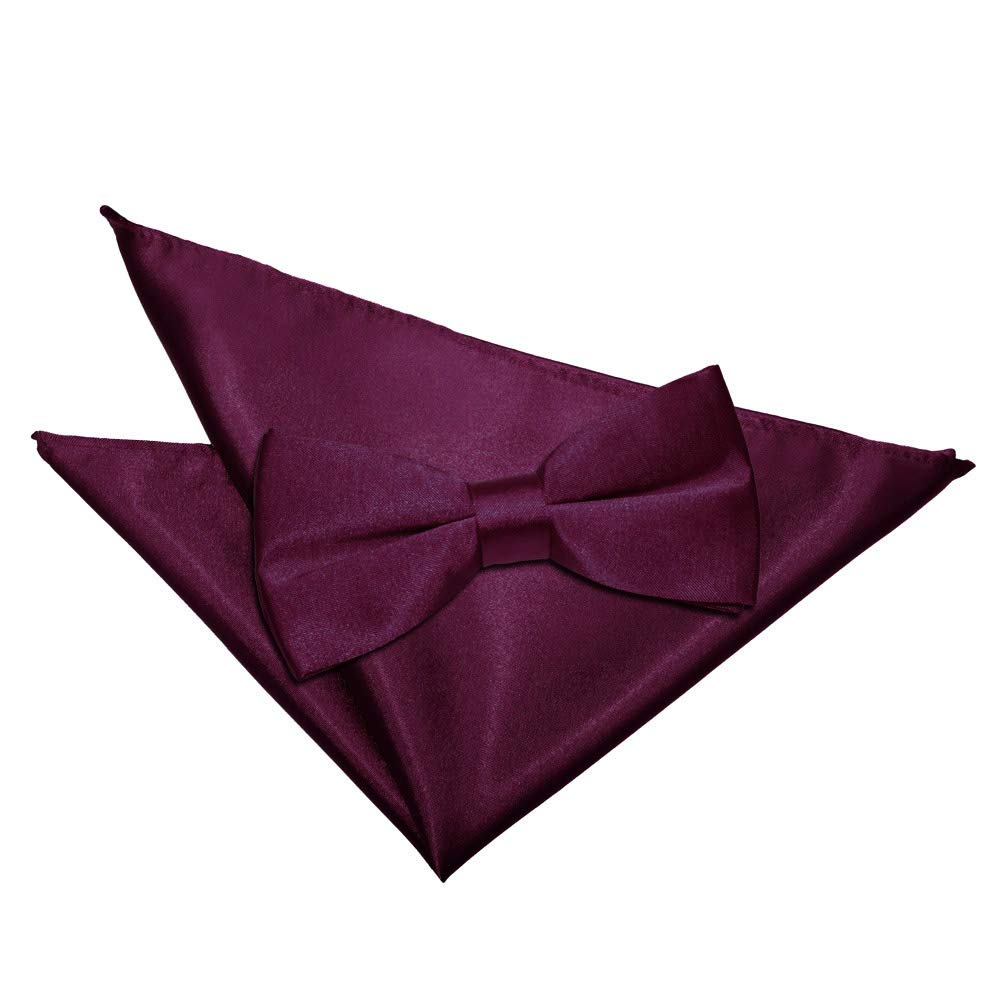 DQT Mens Plain Satin Pre-Tied Bow Tie & Pocket Square Set (2pc) - Wedding, Business & Formal - Plum