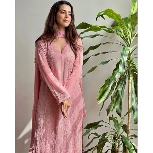 Image of Ruby Pink Women's Chikankari Embroidered 3 Piece Suit Set in Faux Georgette - Long Gown Style Kurta with Lining, Embroidered Dupatta, Wear Ethnic Outfit