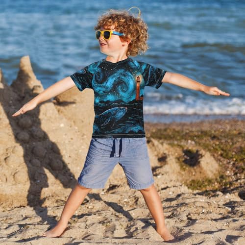 Boys Short Sleeve T-Shirts Starry Night Lighthouse Rashguard Kids Swim Shirts Sun UPF 50+4