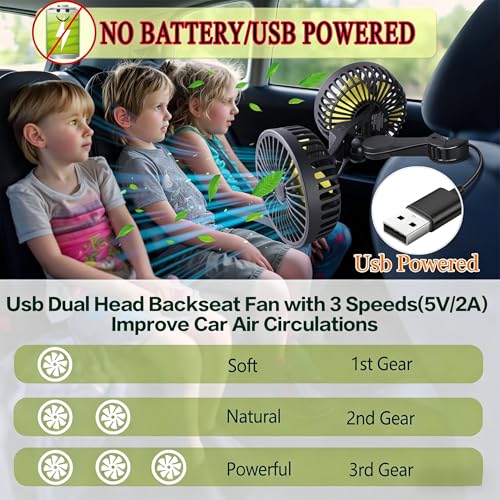 Image of Car Backseat Fan for Backseat Kids, Dual Head Usb Car Headrest Fan for Car Backseat Kids (No Battery)
