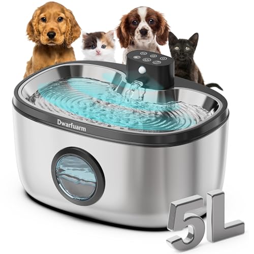 Fuente para Gatos Inalámbrica con Sensor de Movimiento 5L - Bebedero silencioso para Mascotas con Bandeja de Acero Inoxidable, batería Recargable 4000mAh (INOX, 5.0L)