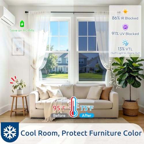 Image of rabbitgoo Window Privacy Film One Way Window Tint for Home, Removable Reflective Heat Sun Blocking Anti UV Glass Door Covering, Mirror Tinting Film House Office, 35.4 Inch X 9.8 Feet, Blue Silver