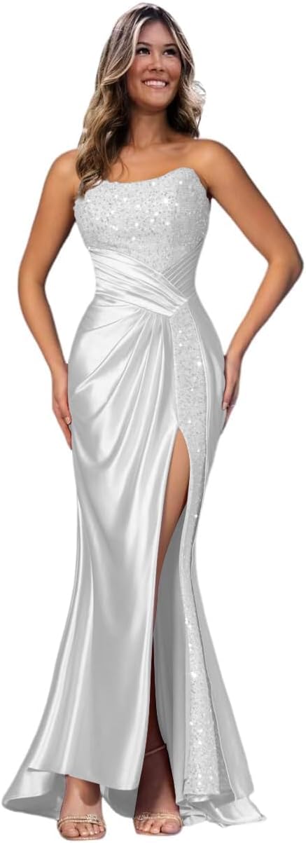 Fashionbride Sparkly Sequins Mermaid Prom Dresses for Women Strapless Satin Formal Evening Dress Long with Slit AP17