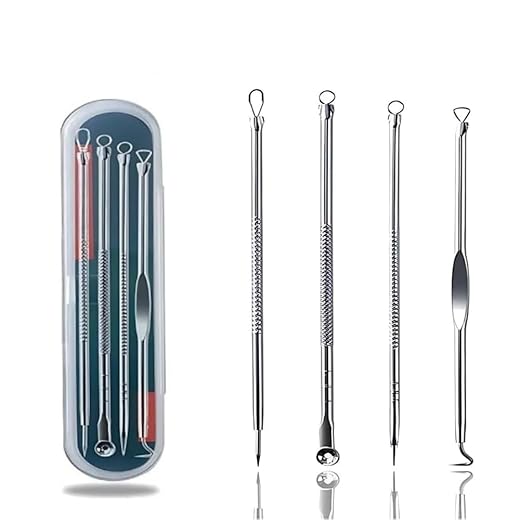 Kit Removedor de Cravos e Espinhas com 4 Peças Profissionais em Aço Inox + Estojo Ferramentas para Limpeza de Pele, Acne e Higiene Facial Segura
