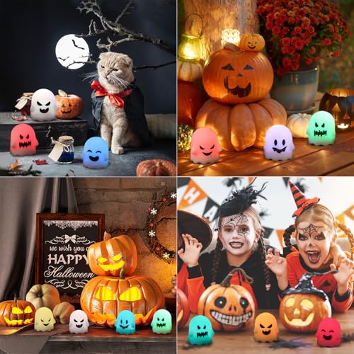 Image of Eldnacele Ghost Flickering Flameless Candles with Remote and Timer, Battery Operated Color Changing Lights Spooky Ambiance LED Tea Lights for Halloween Fireplace Indoor Decoration (6Pcs, 2 inch x 2.4 inch)