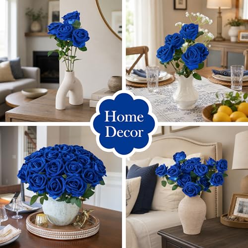 Image of 50 PCS Blue Roses Artificial Flowers, Real Looking Fake Roses with Long Stems Silk Flowers for DIY Wedding Bouquet Party Celebration Home Bridal Shower Decoration Valentine's Day Gift for Her Wife