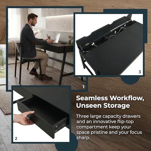 Image of HNY 59 Inches Black Wooden Writing Desk with 3 Drawers, Computer Study Table with MDF Top, Solid Rubberwood Legs and Hidden Cable Management Holes, Corner Makeup Vanity Desk for Home Office, Bedroom