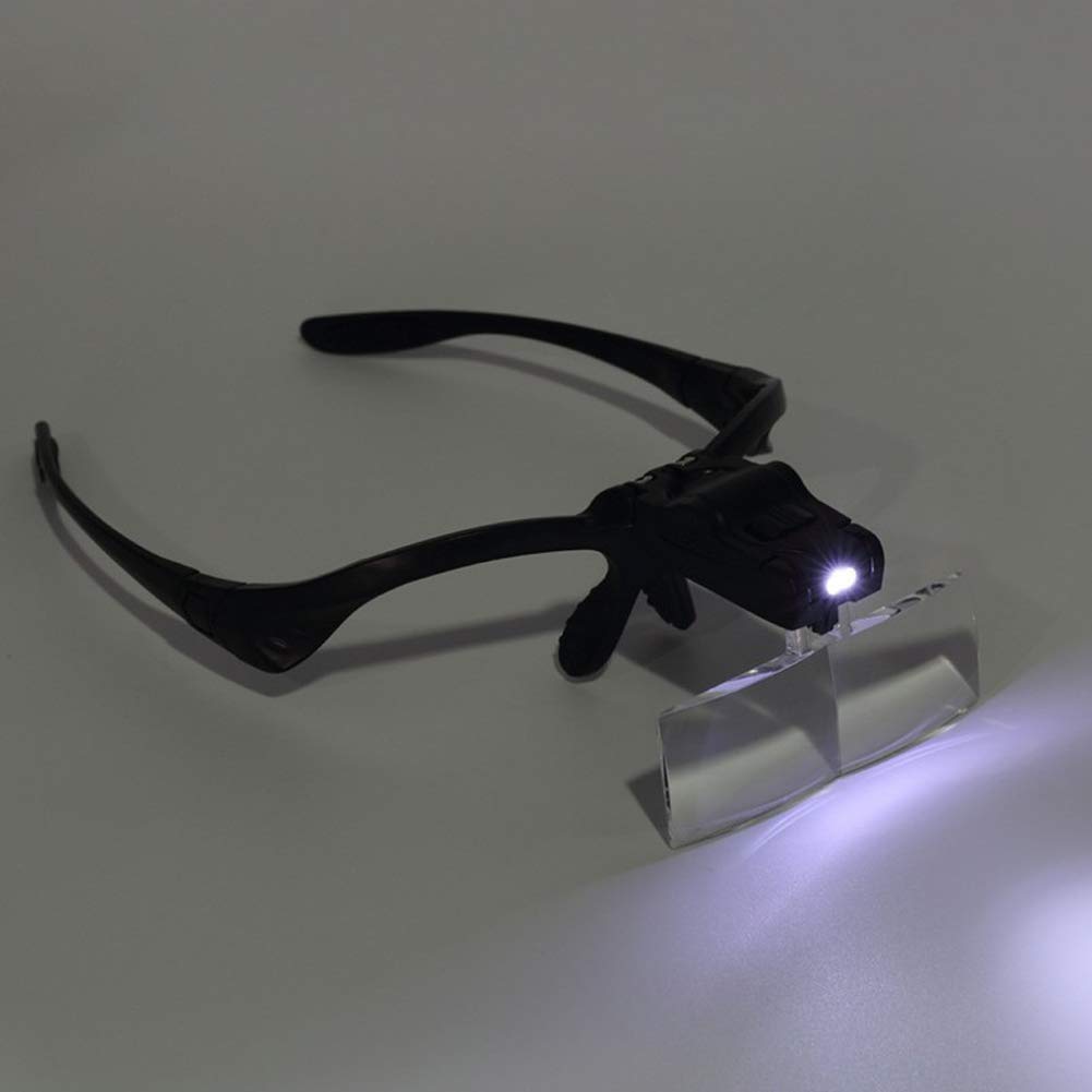 Lente d'ingrandimento con luce a 2 LED, lenti d'ingrandimento per lettura a mani libere, gioielliere, orologio, 5 lenti sostituibili, accessori neri