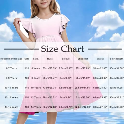 Girls Summer Dresses Double Layer Flutter Sleeve Flowy A-Line Sundress Casual Gradient Midi Dresses for 6-15 Years2