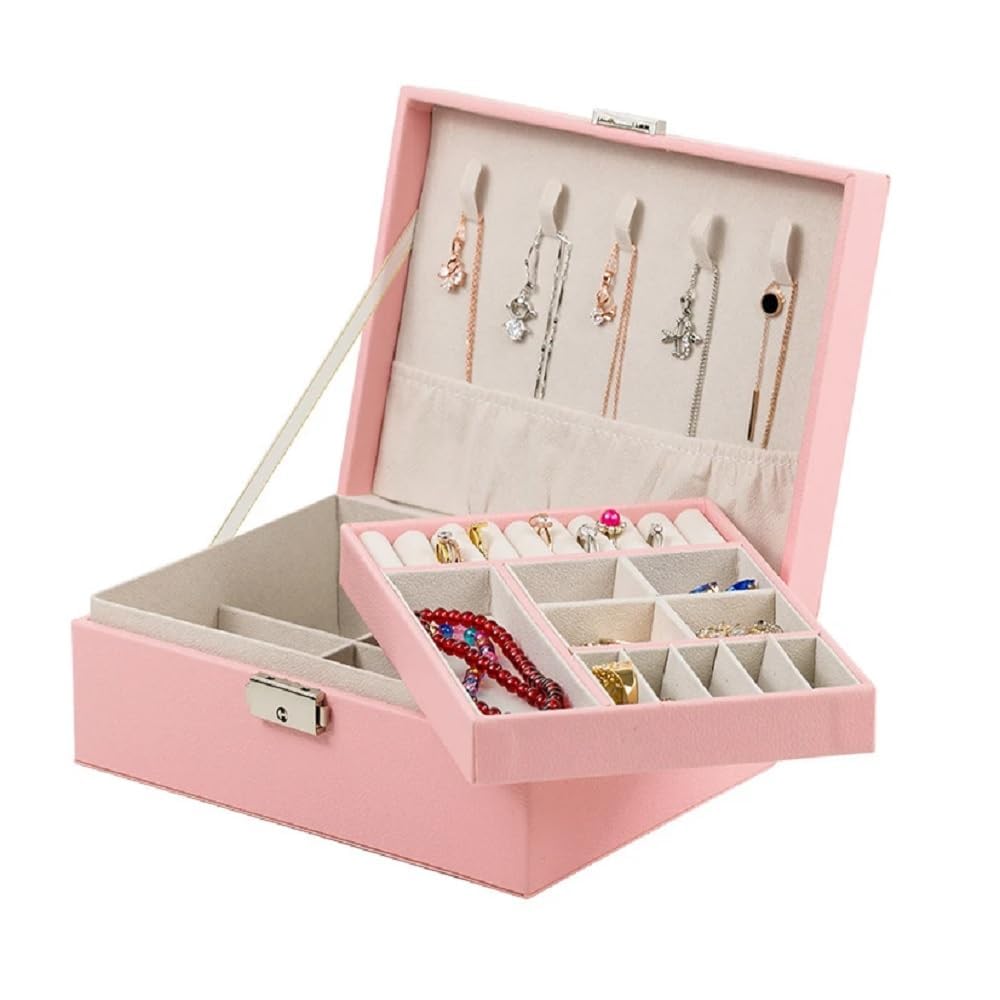 KRESHUKRESHU PU Leather Double Layer Jewelry Organizer | Women's Makeup Storage Case with Smart Golden Key Lock | Stylish Accessory Box for Necklaces, Bracelets, Earrings (CHEX-PINK)