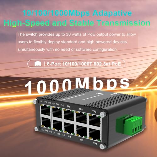 Image of Mini Industrial 8-Port 10 /100 /1000T 802.3at PoE + 2-Port 10 /100 /1000T Din Rail Mount Compact Ethernet Switch, 48~57V DC Unmanaged Network Switch 20Gbps Switching Capacity