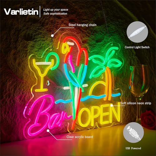 Image of Bar Open Neon Sign for Wall Decor, Parrot Open Beer Bar LED Light Up Dimmable Signs Compatible with Timer for Pub Party Man Cave Room Restaurant Business Party Art Decor Gift