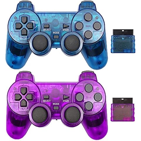 Wireless Controller for PS2,Built-in Dual Vibration 2.4G Gamepad Joystick Compatible for Playstation 2 (2PACK, Clear Blue and Clear Purple) Cover