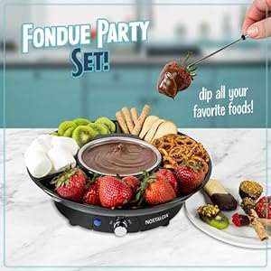 Nostalgia 10 oz electric fondue pot set for cheese chocolate 4 dipping forks 3 section food tray kitchen gadgets and appliances for hors deouvres entrees desserts black  urban country home decor