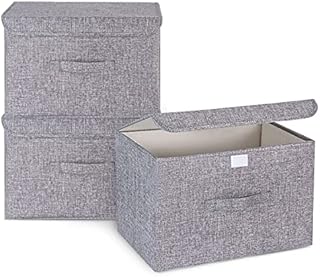 3Pcs Fabric Storage Boxes With Lids For Wardrobe Clothes Toy Foldable Linen 37*24*25cm (Grey)