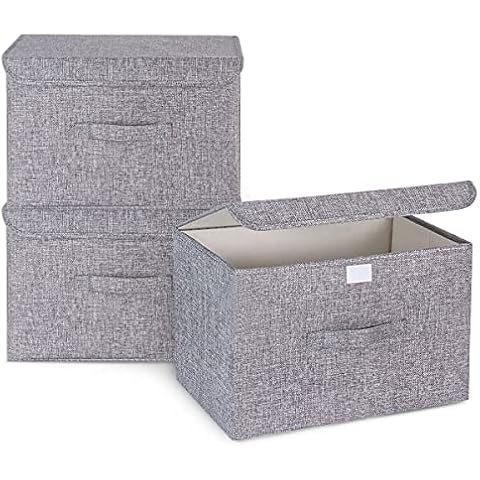 3Pcs Fabric Storage Boxes With Lids For Wardrobe Clothes Toy Foldable Linen 37*24*25cm (Grey) Cover