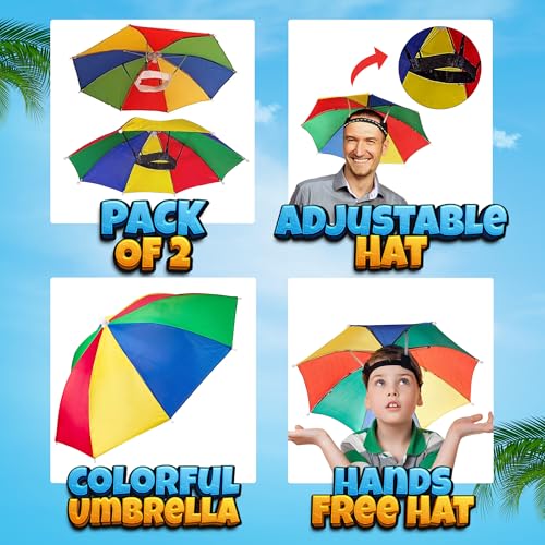 Regenschirmhut, 2 Stück, bunte Partyhüte – 50,8 cm, freihändig, lustig, Regenbogenfarben, bunte Strand-Partyhut, verstellbare Größe, passend für alle Altersgruppen, Kinder, Männer und Frauen