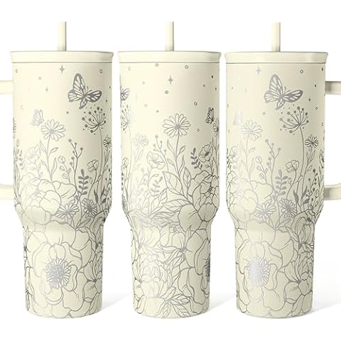 SANDJEST Floral Tumbler with Handle 40oz, Stainless Steel Insulated Tumblers Coffee Travel Mug Cup with Straw, Flower Coffee Cup Gifts for Women Girls, Gift for Her on Christmas Birthday Mothers Day Cover