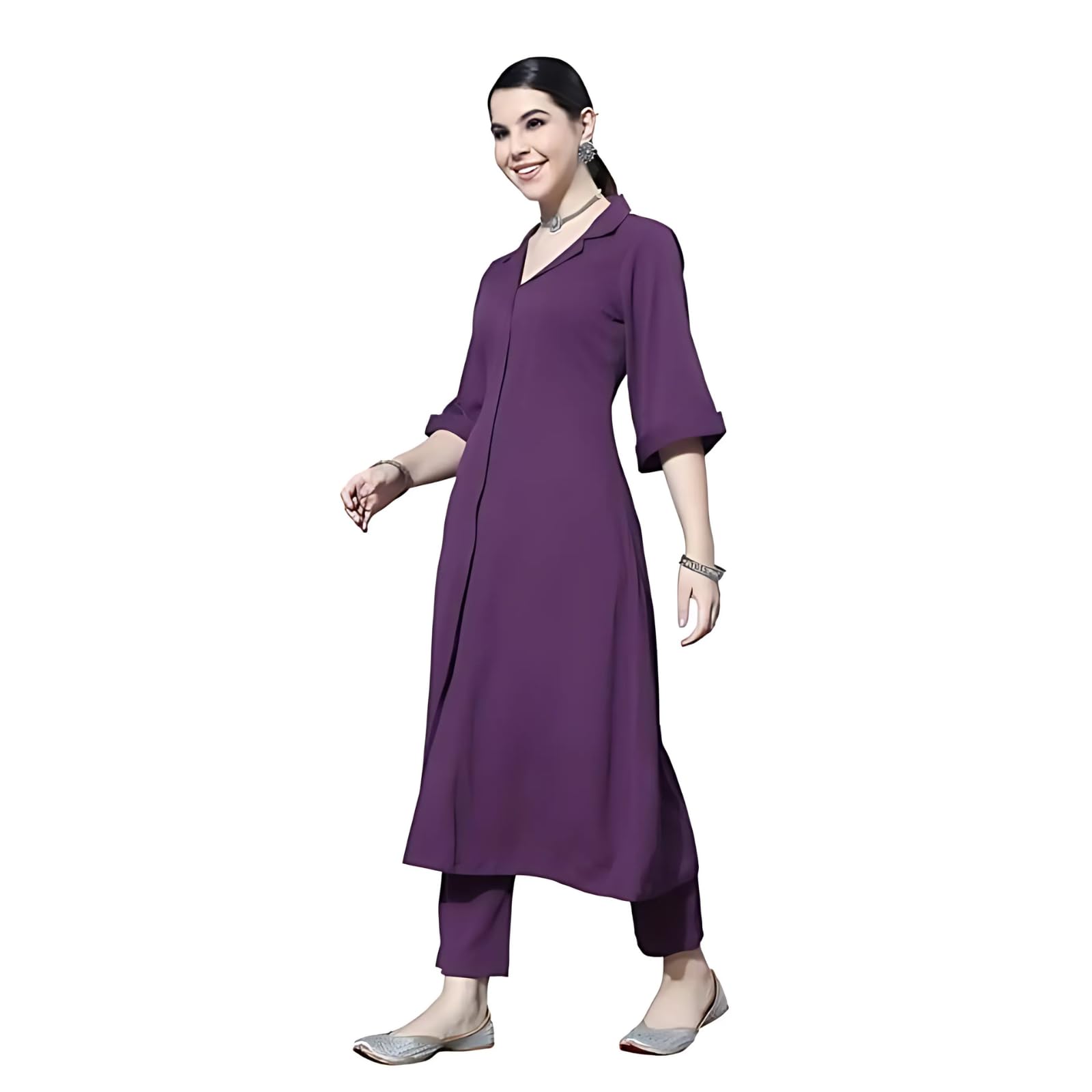Varanga Women Mauve Shirt Collar Neck A-Line Kurta With Three-Quarter Roll-Up Sleeves, Front Slit, Paired With Tonal Bottom
